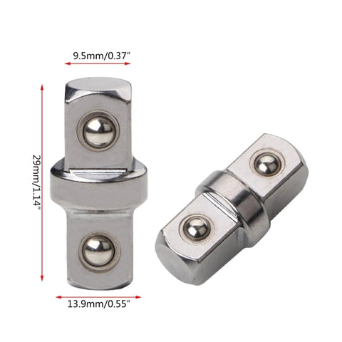 Front view of two chrome socket sleeve adapters, 3/8 inch, double-headed hex and outer-square connector for wrench extension