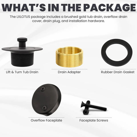 Package contents showing Lift & Turn Tub Drain, Drain Adapter, Rubber Drain Gasket, Overflow Faceplate, Faceplate Screws from Oil Rubbed Bronze Bathtub Drain Kit With Lift And Turn Plug And Overflow Plate Replacement Tub Drain Assembly Screws Included Universal Fit For 1-3/8 And 1-1/2 Inch Drains Brass Construction Easy Install.