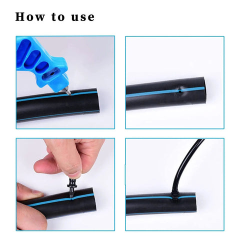 Using 2-In-1 Drip Irrigation Hole Punch And Fitting Insertion Tool Kit on black tubing with blue handle for 1/4 inch fittings.