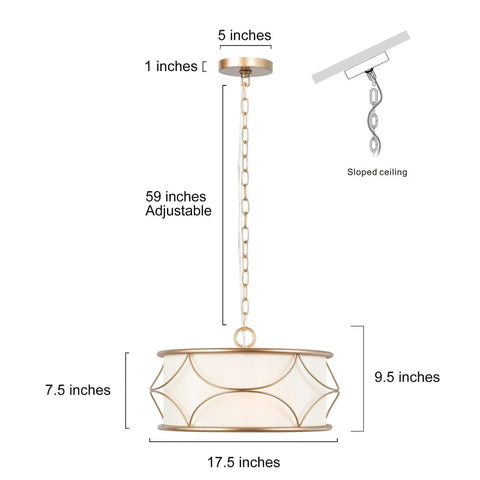 Dimensions of Gold Drum Pendant Chandelier Light Fixture With White Fabric Shade, 17.5 diameter, 59 chain, adjustable height.