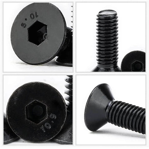 Close-up views of M10-1.5 X 30mm Flat Head Socket Cap Screws Set Beefy Heavy-Duty Grade 10.9 Alloy Steel DIN 7991 Black Oxide Allen Hex Drive.