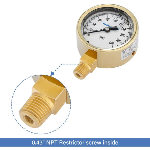 Built Tough Heavy Duty Fully Brass Hydraulic Glycerin Filled Pressure Gauge With Two And A Half Inch Dial Quarter Inch NPT Lower Mount 0 To 200 Psi And KPa For Measuring Non Corrosive Gas And Liquid Pressure In Industrial And Home Setups, showing gauge face and NPT mount detail