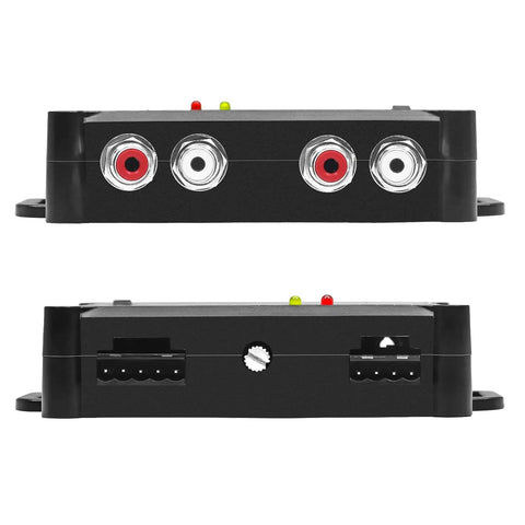 Front and rear view of 2 Channel Line Output Converter And Driver For Car Audio, 2 In 1 Line Driver With Removable Terminal Blocks, 10V High RCA Output, Auto Sense Remote Turn On, Simple Aftermarket Amp Integration And Enhanced Sound