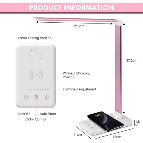 Diagram showing dimensions and features of Game Changing LED Desk Lamp With Wireless Charger And USB Port in pink