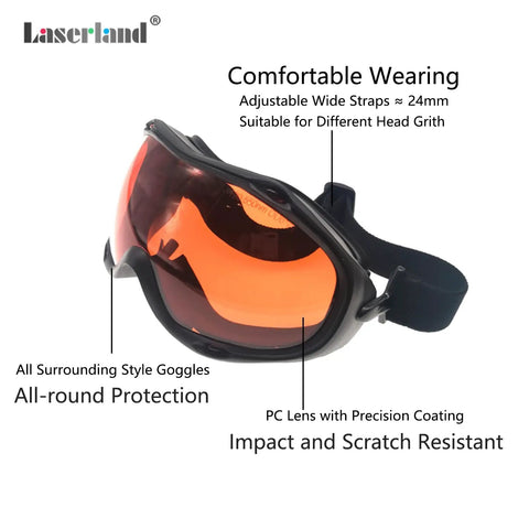 Over Glasses Laser Safety Goggles For 190nm To 550nm Wavelengths Including 355nm 405nm 450nm 473nm 532nm OD6 Blue Green Wraparound Protection Anti Scratches CE Certified, adjustable wide straps, orange tint.