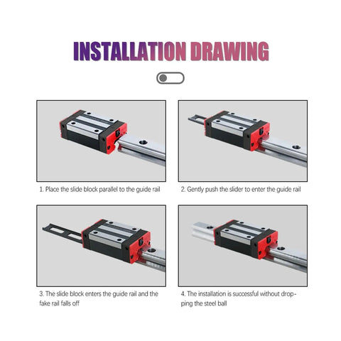 Installation drawing for Top Notch High Precision Linear Guide Rail Kit With 300mm HGR20 CNC Router Guides showing step-by-step process.