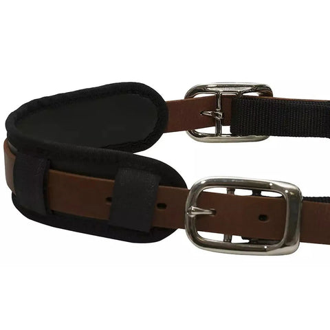Close-up of turnout halter for grazing muzzle compatibility, showing adjustable buckles, cob size for equine use.