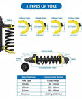 Heavy Duty MacPherson Strut Spring Compressor Tool Kit With Impact Wrench Compatibility showing 3 yoke sizes, 960mm length