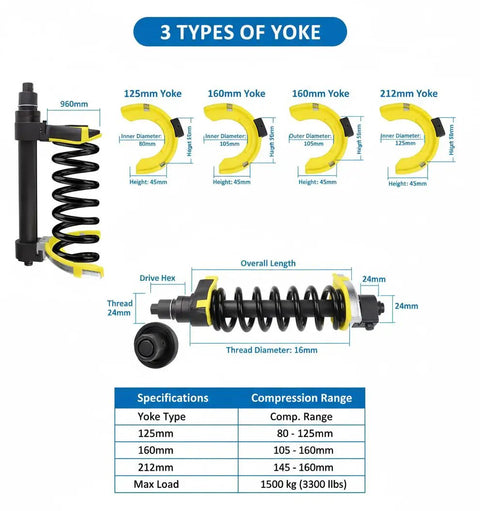 Heavy Duty MacPherson Strut Spring Compressor Tool Kit With Impact Wrench Compatibility showing 3 yoke sizes, 960mm length