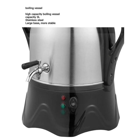 Close-up of Boss 220V Electric Turkish Tea Maker with 3L stainless steel boiler, showing control lights and spout.