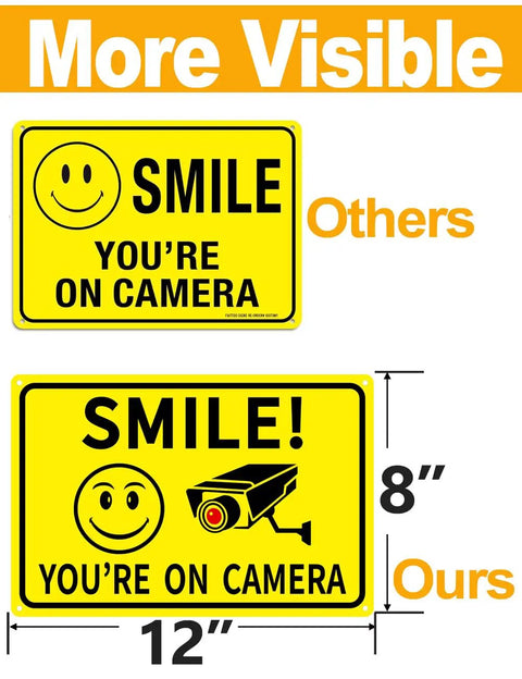 Comparison of 4 Pack Smile Youre On Camera Signs 8x12 Rust Free Aluminum, highlighting visibility and size difference.