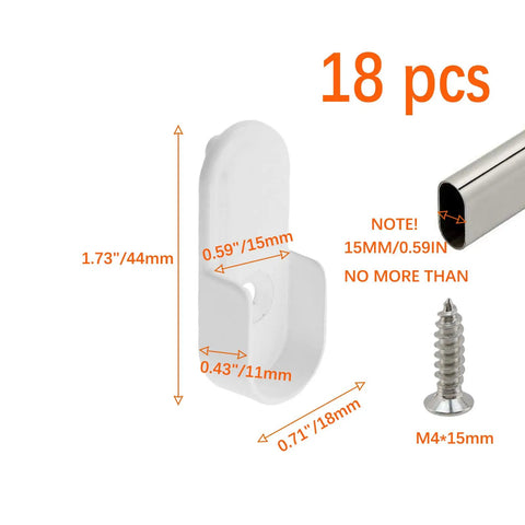 Oval Closet Rod End Supports 18 Pack White For Standard 15x30mm Flat Rods Wardrobe Rod End Brackets For Aluminum Wood And Stainless Steel Rods Easy Install dimensions and screw