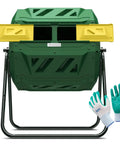 Front view of Dual Chamber 43 Gallon Compost Tumbler Bin With Aeration Paddles For Faster Smell Free Backyard Composting Bundled With Pearsons Gardening Gloves