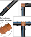 Arfun 28P drip irrigation fittings kit for 1/2 in tubing; brown barbed connectors with black tubing.