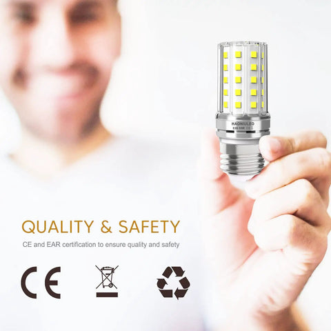 Person holding Killer Brightness 10W LED Bulb 1000 Lumen 6000K Daylight White, close-up on bulb details and certifications