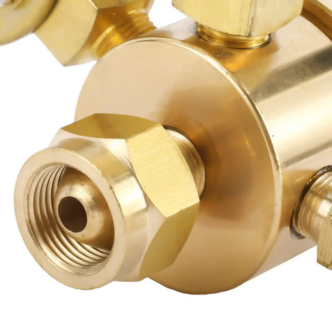 Close-up of CGA 200 regulator fitting from Heavy Duty Pro Grade Air Acetylene Welding And Cutting Torch Set with brass components