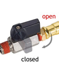 Extended Tank Drain Valve Assembly Kit For Air Compressors With Ten Inch Braided Steel Hose detail showing open and closed positions.
