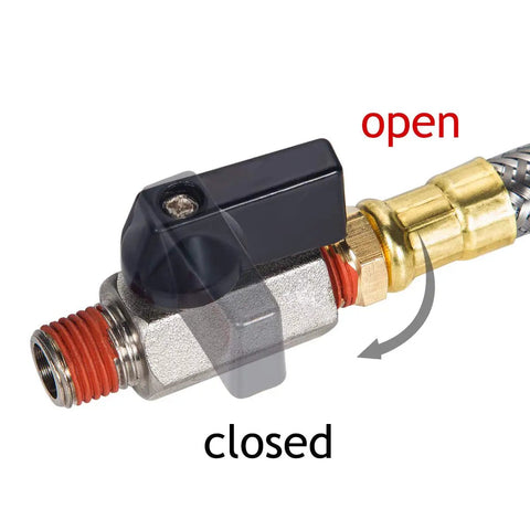 Extended Tank Drain Valve Assembly Kit For Air Compressors With Ten Inch Braided Steel Hose detail showing open and closed positions.