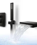 Waterfall Bathtub Faucet With Wall Mount, Matte Black, Single Handle Bath Faucet With Sprayer, Wide Flat Spout Ejecting Water, Side View