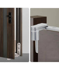 Close-up of Heavy Duty Stainless Steel Door Pivot Hinges, 270 Degree Rotating Inset Hinge on wooden door, left or right mount.
