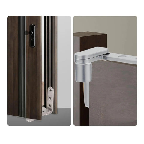 Close-up of Heavy Duty Stainless Steel Door Pivot Hinges, 270 Degree Rotating Inset Hinge on wooden door, left or right mount.