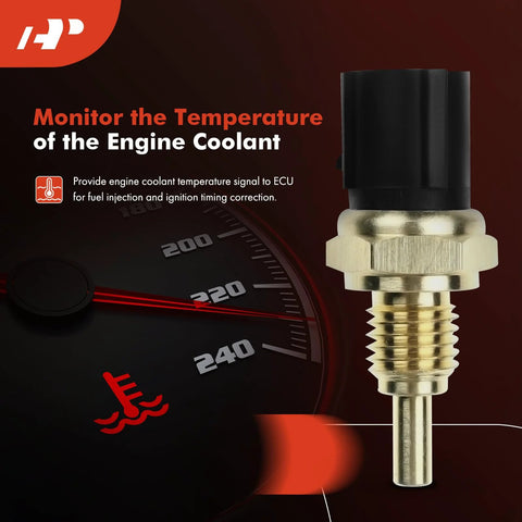 Front view of A-Premium engine coolant temperature sensor with brass body and black plastic connector.