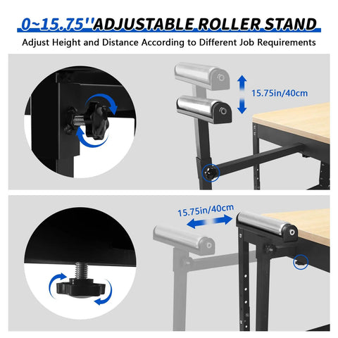 Close-up of the adjustable roller mechanism on the Shop Ready Heavy Duty Rolling Planer Stand With Height Adjustable Platform.