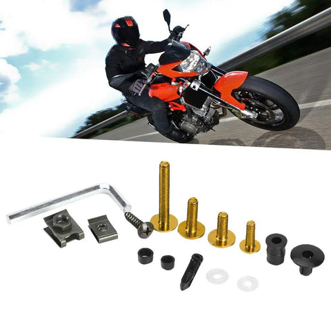 Universal 223-Piece Motorcycle Fairing Bolts Kit With Windscreen Screws And Nuts shown with motorcycle in motion, gold color