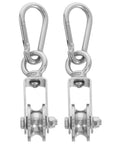 Stainless Steel Dual Bearing Cable Pulley System Block For Hanging Rail Track Roller Heavy Duty And Smooth Operation For Warehouse Factory And Gym Use, shown with carabiners