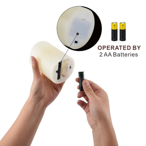Hands inserting batteries into ivory LED candle, 2 AA batteries shown. 12 Pack Flameless Candles With Real Wax Battery Operated LED Pillar Candles Unscented Ivory Color Including Remote Control And 24 Hour Timer Diameter 3 Inches Height 4 Inches Perfect For Cozy Home Vibes Parties Weddings And Events.