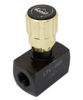 Summit Hydraulics hydraulic flow-control needle valve with brass knurled knob on black body, 1/2" NPT ports