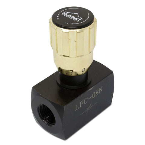Summit Hydraulics hydraulic flow-control needle valve with brass knurled knob on black body, 1/2" NPT ports