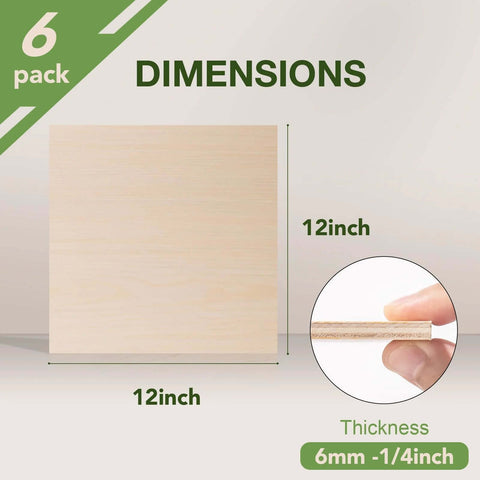 Front view of a 12x12 inch maple plywood sheet, 1/4 inch (6mm) thick; part of a 6-pack