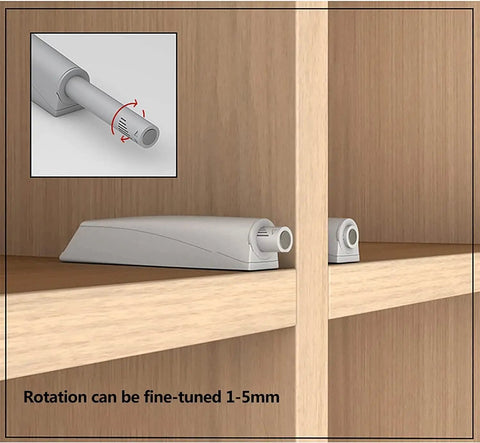 Push To Open Cabinet Latch Set, Door Catch And Drawer Closure, 2 Pack, Spring Loaded Plunger, side view of latches inside cabinet