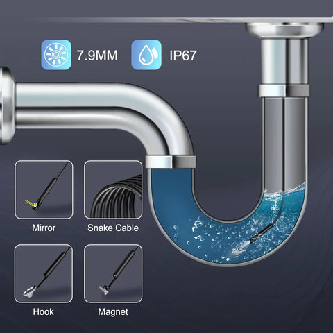 1920P Endoscope Camera With Light Waterproof For iOS And Android 2.0MP Borescope With 7.9mm Probe Flexible Cable HD Video And Still Images Sewer inspection tool showing 7.9mm IP67 probe, snake cable, mirror, hook, and magnet attachments