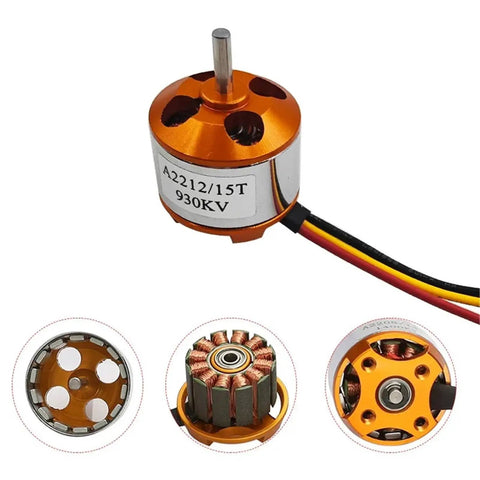 Planetary Gear Motor Kit For RC Aircraft And Drones With Brushless Motor And 30A ESC SG90 Micro Servo And 6 To 8 Inch Propeller Set Multiple KV Options From 930KV To 2200KV High Torque Compact Design For Aeromodelling showing motor parts and 930KV rating.