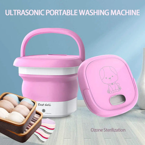 Portable Folding Mini Washer for Delicates and Small Things Like Baby Clothes and Underwear, Great for Apartments, Camping, RVs, and Travel, Wide Voltage 110V-240V, Pink, A Handy Gift for On-the-Go Lifestyles displayed with lid and folded design.