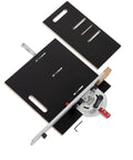 StealthStop Miter Sled With Drop Zone For Unmatched Accuracy And Versatility In Cross Cut Sled Setup Easily Adjustable Fence Square Back Durable Aluminum Build A Game Changer Jig For Precise Cuts And Quick Setup showing black panels and aluminum miter gauge