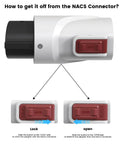 Heavy Duty NACS To J1772 Charging Adapter For Tesla Walls Tops Out At 80 Amp connection guide showing lock and open button features.