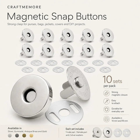 Straight Up Heavy Duty Magnetic Snap Buttons With A Tight Grip Clasp Ideal For Purse Crafting And Jacket Repair Kits Includes Full Hardware No Sweat Install Gold Size, showing 10 silver magnetic snap buttons with washers.