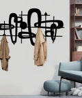 Slick Mid Century Metal Coat Rack With Abstract Wall Hooks, two coats hanging, stylish entryway decor on white wall.
