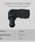 AN8 Female To Three Eighths Inch Hose Barb 90 Degree Swivel Fitting Adapter Aluminum Black Anodized 6061 T6 Pack Of 2 Heavy Duty For Automotive Fuel And Oil Lines on white background