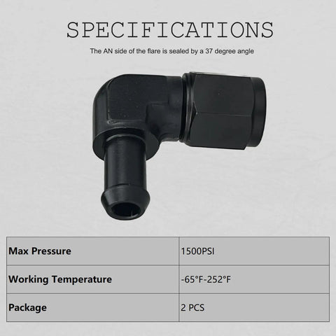 AN8 Female To Three Eighths Inch Hose Barb 90 Degree Swivel Fitting Adapter Aluminum Black Anodized 6061 T6 Pack Of 2 Heavy Duty For Automotive Fuel And Oil Lines on white background