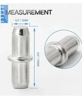 Rock Solid Nickel Plated 5mm Shelf Pins 300 Pack shown with dimensions 0.2 inches diameter and 0.6 inches height in silver finish