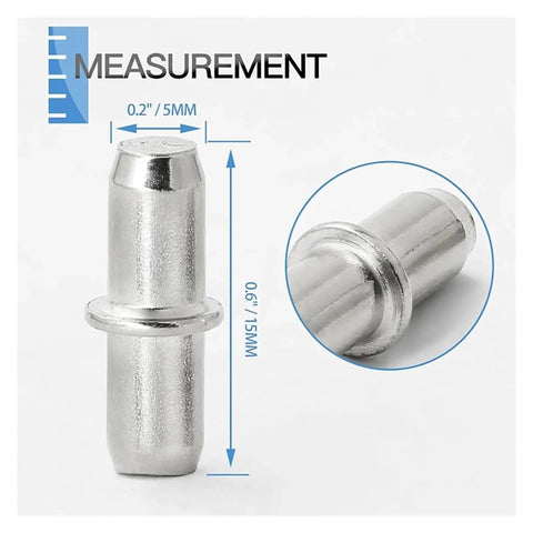 Rock Solid Nickel Plated 5mm Shelf Pins 300 Pack shown with dimensions 0.2 inches diameter and 0.6 inches height in silver finish