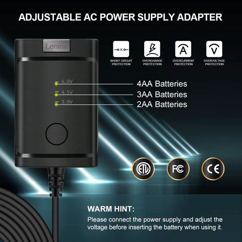 Adjustable AA Battery Power Supply Adapter For 2, 3, Or 4 AAs, Delivers 3V To 6V Output, Durable Black Unit, Safety Features