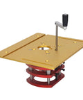 Rock Solid Manual Router Lift System Kit For Pro Woodworking Bench Upgrades featuring aluminum gold plate and steel parts
