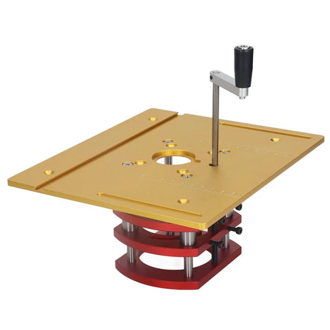 No Sweat Manual Router Lift Kit With Slick Gold Top Plate And Bullseye Crank Height Control System for precise woodworking.
