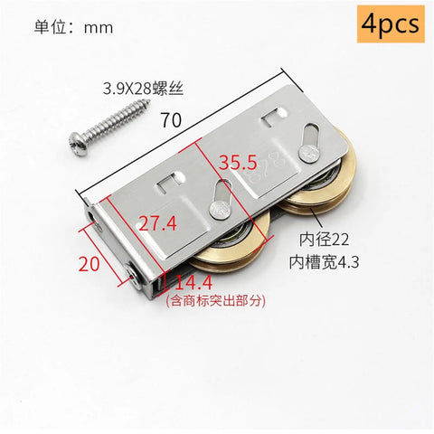 Premium Heavy Duty Stainless Steel Sliding Door Rollers Four Piece Assembly Kit With Copper Bushings, showing dimensions and detail.