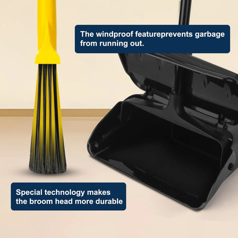 Indoor Outdoor Heavy Duty Broom And Dustpan Set With Upright Plastic Dust Pan And Two Brooms, 13.5 Inch Wide Dustpan With Lid